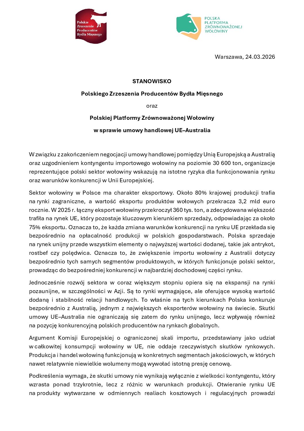 Wspólne stanowisko PPZW i PZPBM w sprawie umowy UE–Australia
